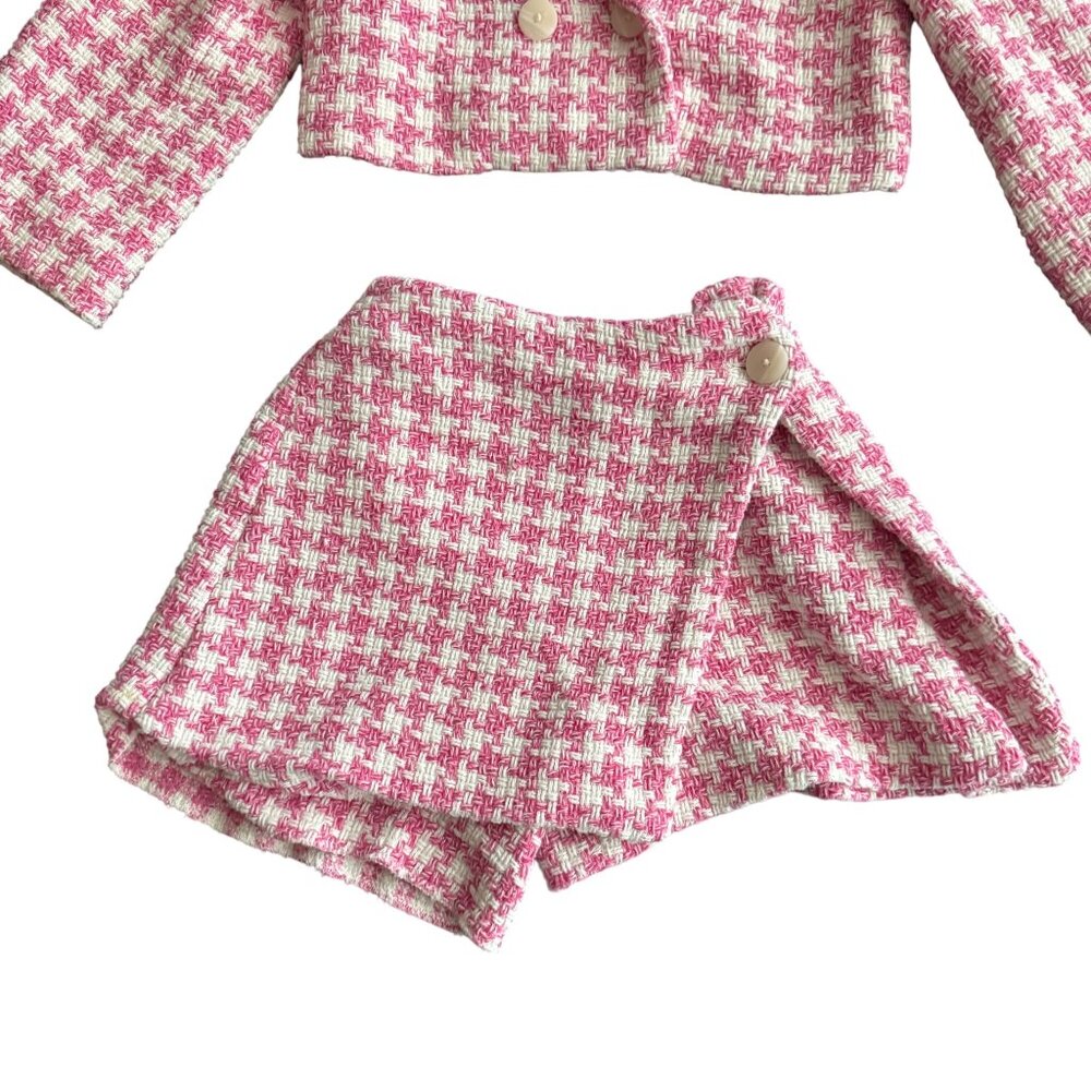 Zara Girls Pink & White Houndstooth Cropped Jacket & Skort Set Size 7 - Picture 2 of 7